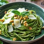 A bowl of freshly made pesto pasta garnished with basil, Parmesan, and pine nuts, served on a wooden table.