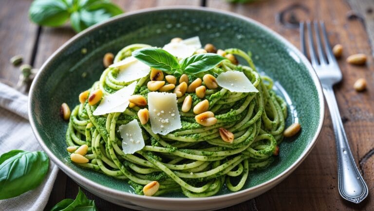 A bowl of freshly made pesto pasta garnished with basil, Parmesan, and pine nuts, served on a wooden table.