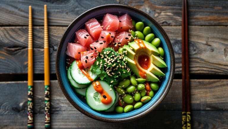 Delicious homemade poke bowl with fresh tuna, avocado, cucumbers, and sesame seeds.