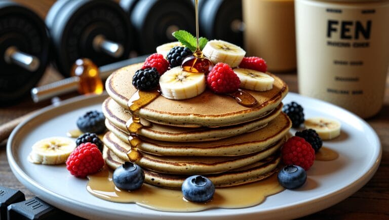 Stack of fluffy protein pancakes topped with fresh fruit and honey, served on a white plate with a protein shaker in the background.