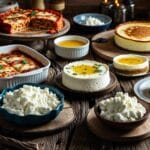 A step-by-step process of making ricotta cheese: milk heating in a saucepan, curds forming, straining through cheesecloth, and fresh ricotta in a bowl.