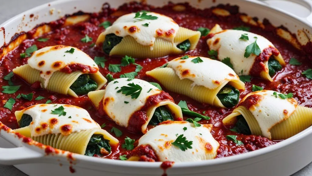 Ricotta and spinach-stuffed shells baked in marinara sauce with melted cheese.