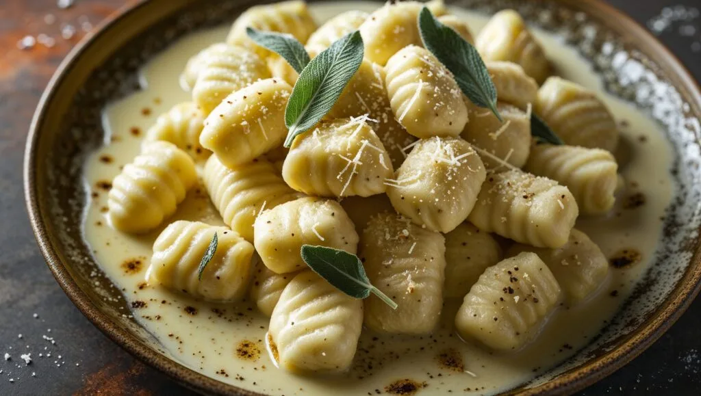 Homemade ricotta gnocchi with butter and sage sauce, topped with Parmesan.