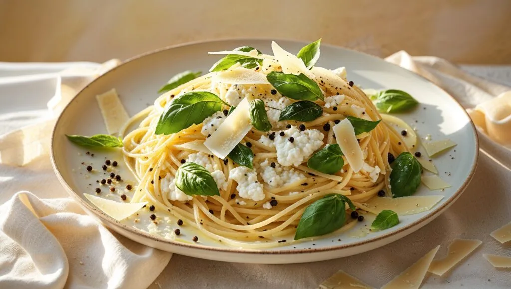 Creamy ricotta and lemon pasta garnished with basil and Parmesan.