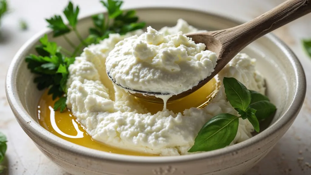 A bowl of soft, creamy ricotta cheese with a spoon, garnished with fresh basil and a touch of honey.