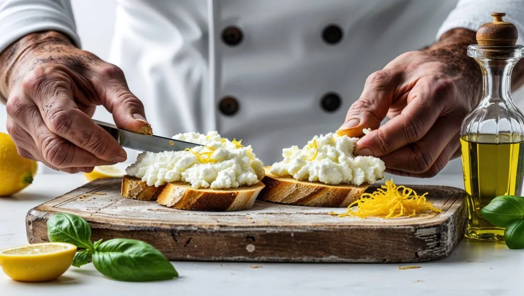 A chef preparing a ricotta cheese appetizer with herbs, olive oil, and lemon zest.