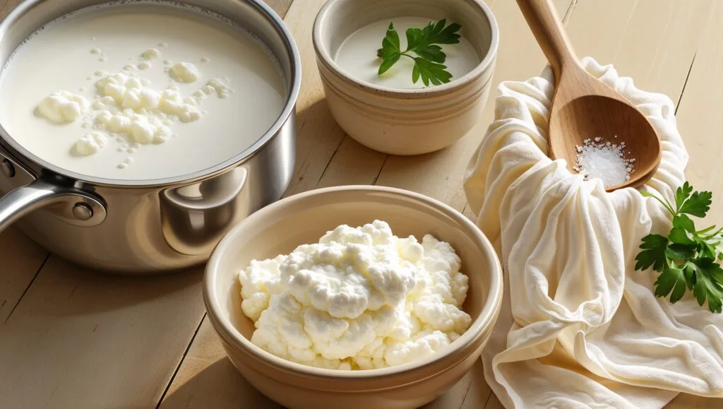 Homemade ricotta cheese being prepared, showing curds forming and fresh cheese in a bowl.