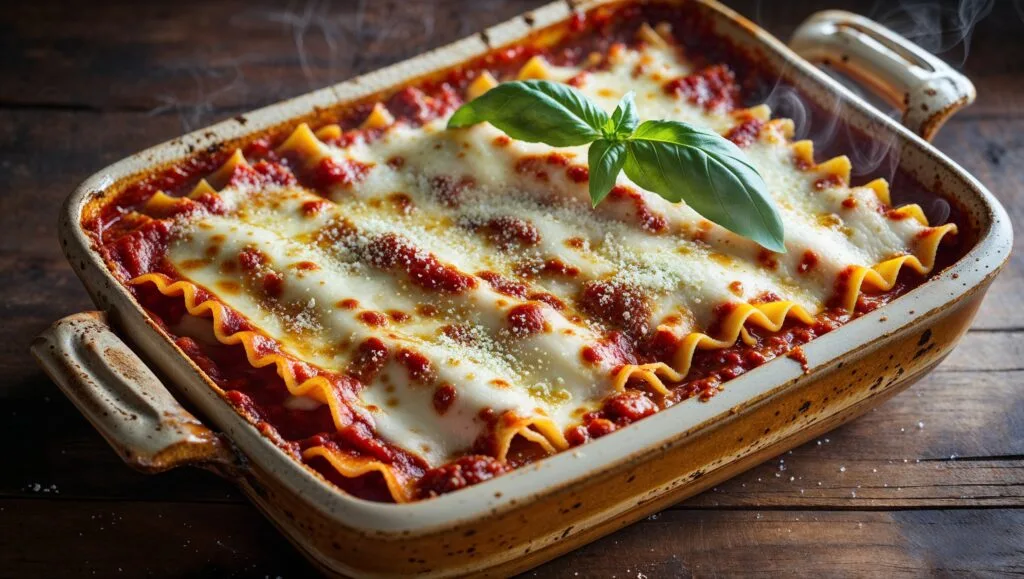A cheesy lasagna with layers of ricotta cheese, marinara sauce, and melted mozzarella.