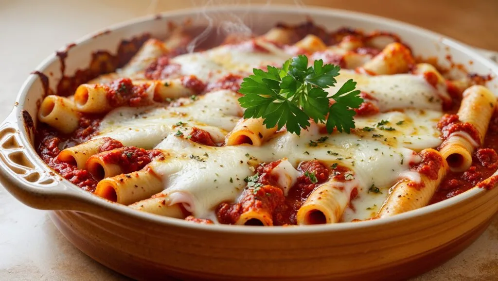 A cheesy baked ziti casserole with ricotta cheese, marinara sauce, and mozzarella.