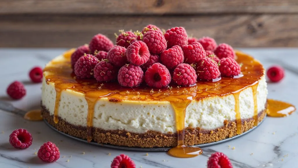 A slice of ricotta cheesecake garnished with fresh raspberries and honey.