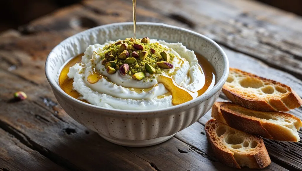 A creamy whipped ricotta dip with honey and pistachios, served with toasted bread.