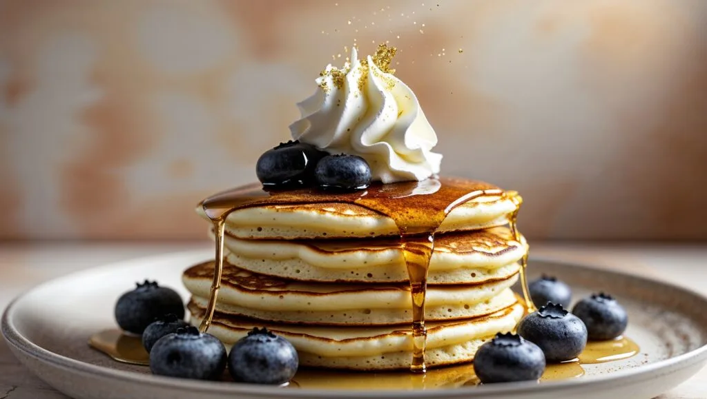 A stack of fluffy ricotta pancakes with fresh berries and syrup.