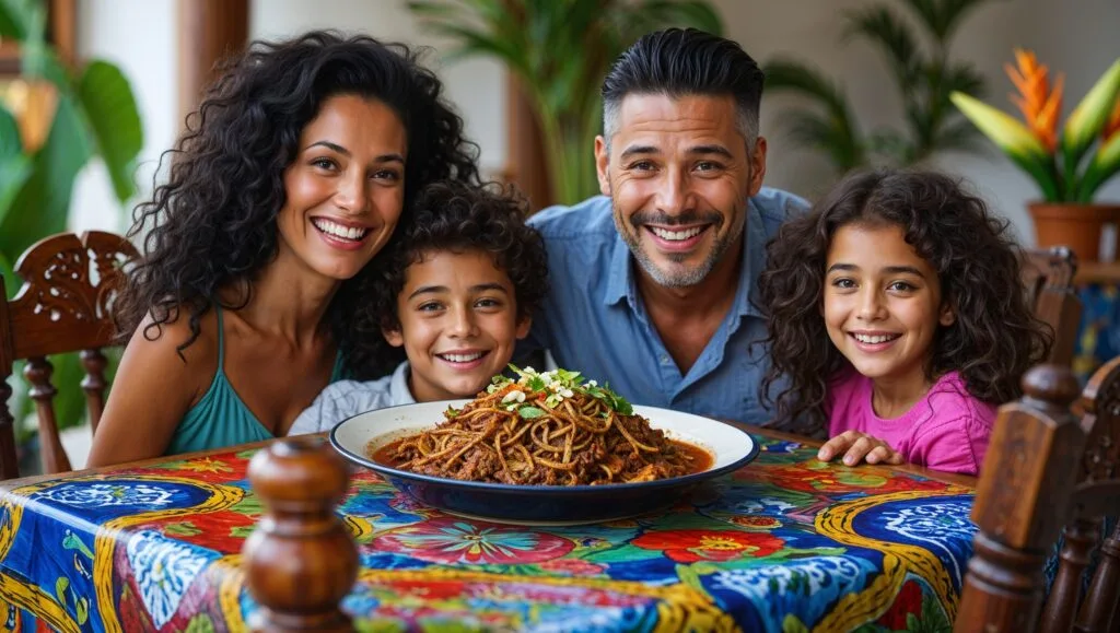 A family enjoying authentic ropa vieja at a Cuban-style dinner table, savoring the flavors.