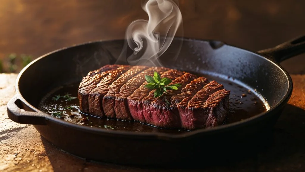 Flank steak searing in a cast iron pan to enhance the flavor of ropa vieja recipe.