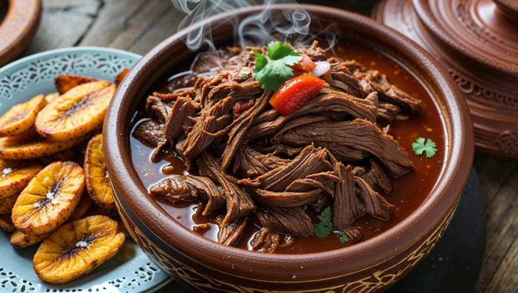 Classic ropa vieja recipe simmering in a clay pot, served with black beans and plantains.
