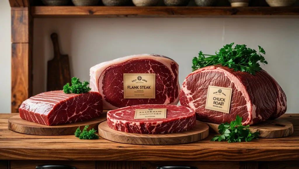 Flank steak, skirt steak, and chuck roast displayed as the best beef cuts for ropa vieja.