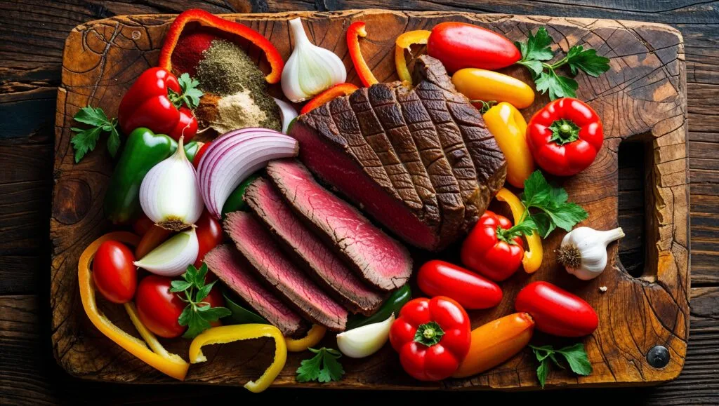 Fresh ingredients for the best ropa vieja recipe, including beef, peppers, onions, and spices.