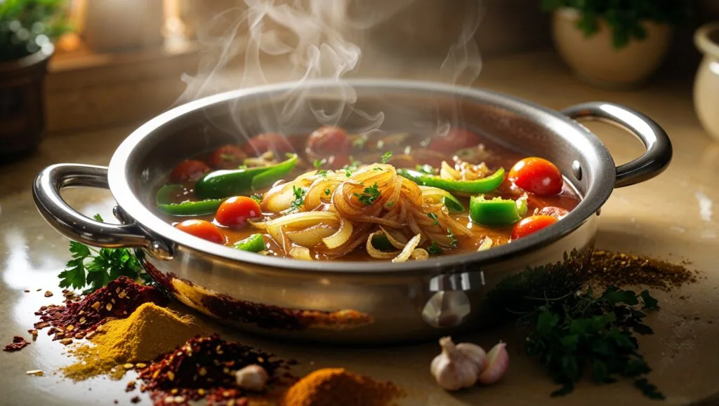 Onions, bell peppers, garlic, and spices cooking in a pot for a rich ropa vieja sauce.