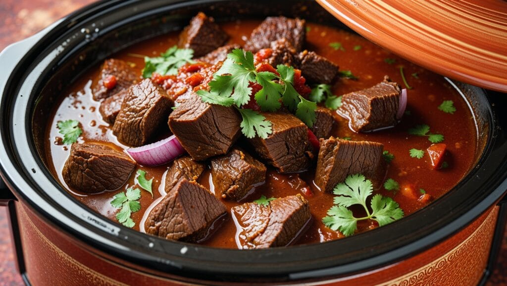 Slow cooker filled with ropa vieja beef and sauce for a tender and flavorful Cuban dish.