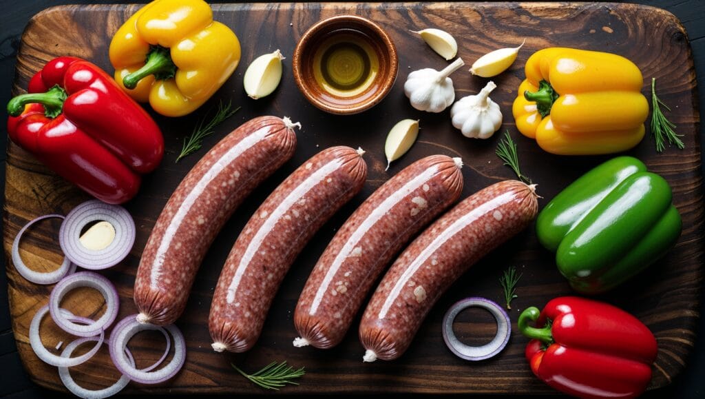 Fresh ingredients for a sausage and peppers recipe, including sausages, bell peppers, onions, and garlic.