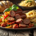 A mouthwatering plate of sausage and peppers garnished with basil, served with pasta and crusty bread.
