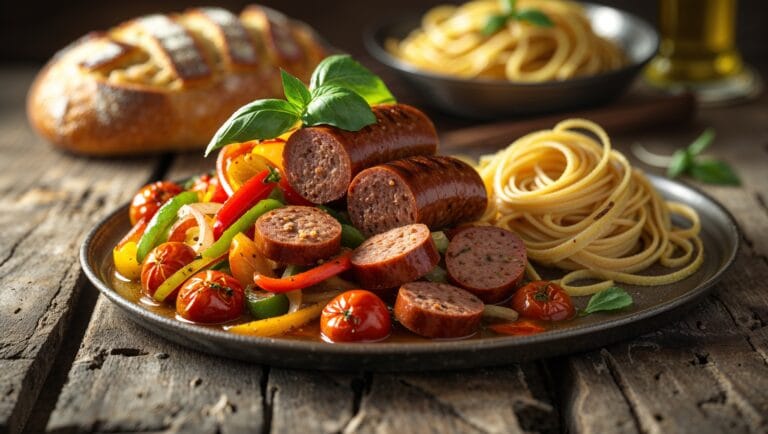 A mouthwatering plate of sausage and peppers garnished with basil, served with pasta and crusty bread.