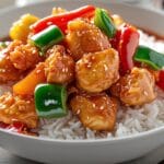 Delicious sweet and sour chicken recipe with crispy chicken, bell peppers, and tangy sauce served over rice.