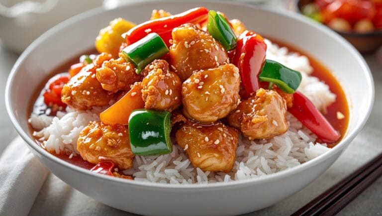 Delicious sweet and sour chicken recipe with crispy chicken, bell peppers, and tangy sauce served over rice.