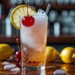 A classic Tom Collins cocktail with lemon and cherry garnish on a wooden bar counter.