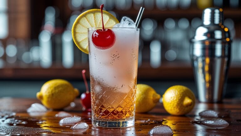A classic Tom Collins cocktail with lemon and cherry garnish on a wooden bar counter.