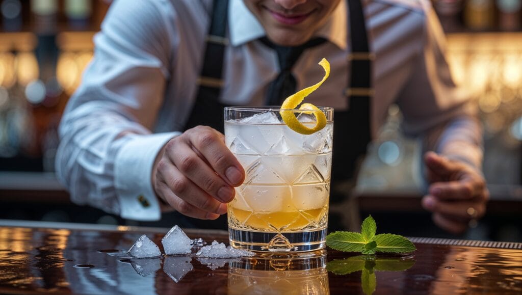 A bartender garnishing a Tom Collins cocktail with expert precision.