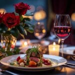 Elegant Valentine's Day dinner setup with candles, gourmet food, and romantic table decor.