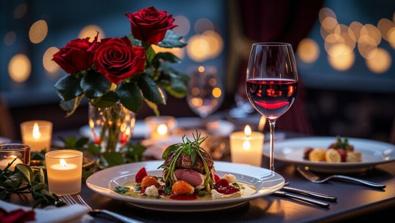 Elegant Valentine's Day dinner setup with candles, gourmet food, and romantic table decor.