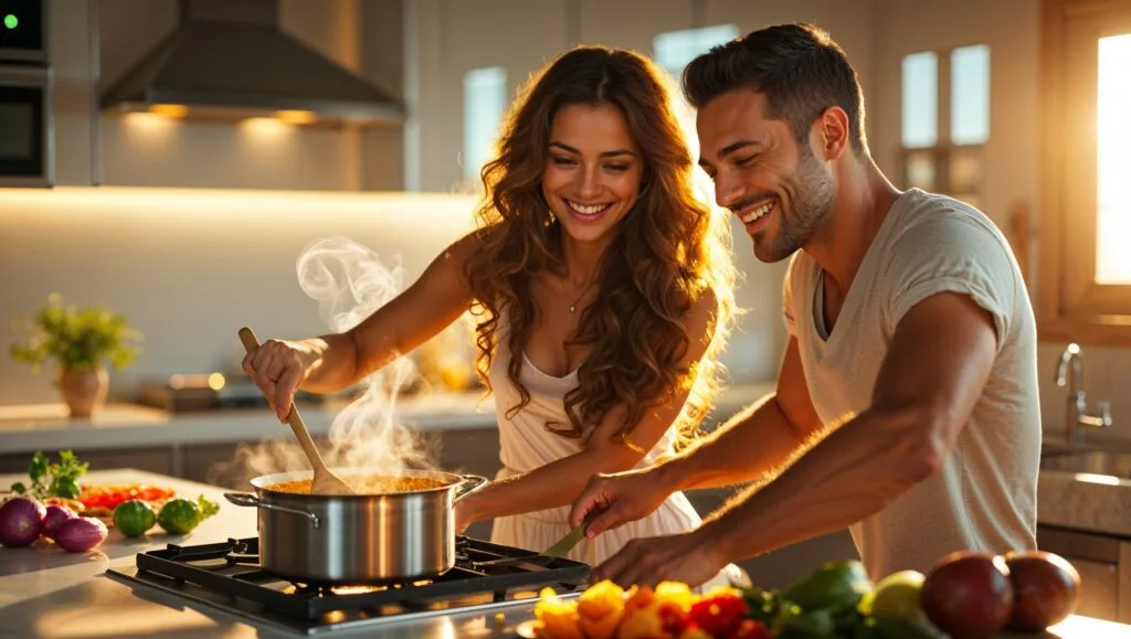 Happy couple cooking together for a homemade Valentine's Day dinner.
