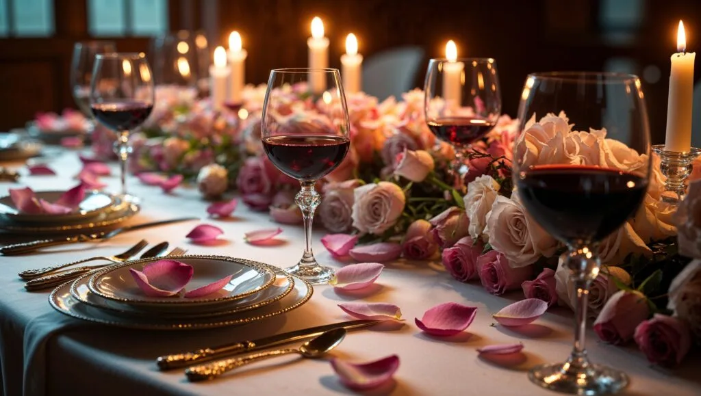 Romantic table setting with candles, rose petals, and wine glasses for Valentine's Day dinner.