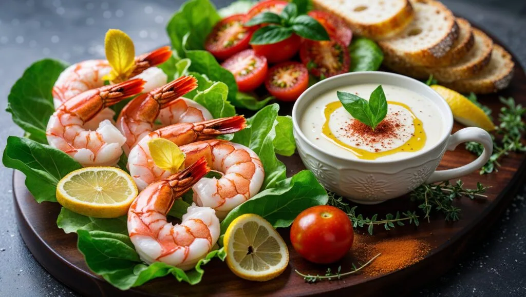 Elegant Valentine's Day dinner appetizers: shrimp cocktail, Caprese salad, and lobster bisque.
