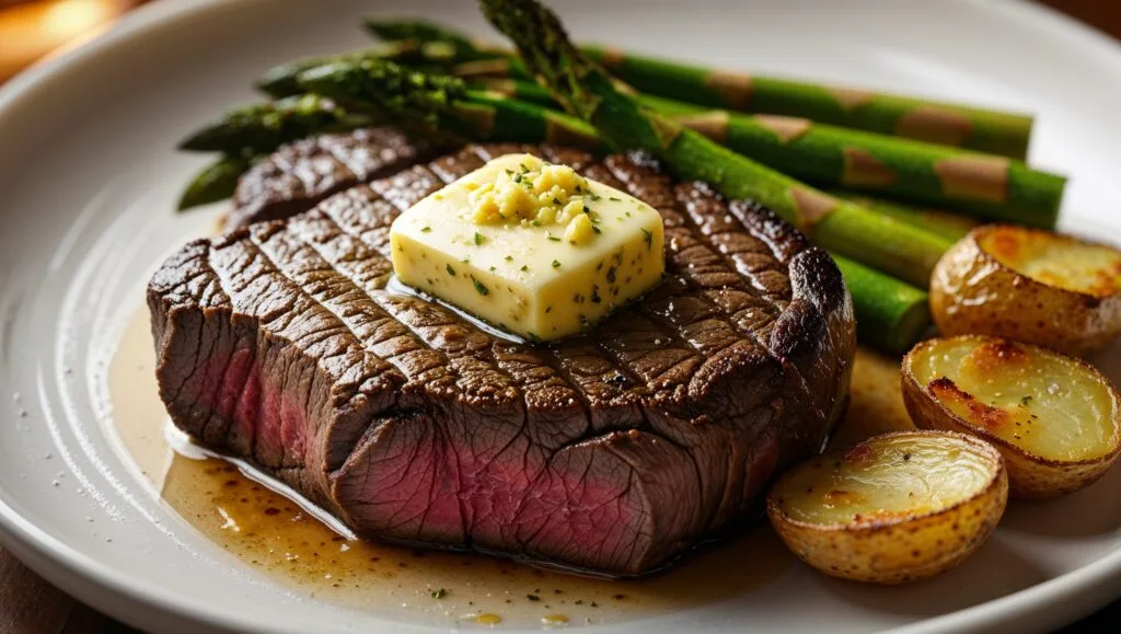 Delicious garlic butter steak with roasted potatoes and asparagus for Valentine's Day dinner.
