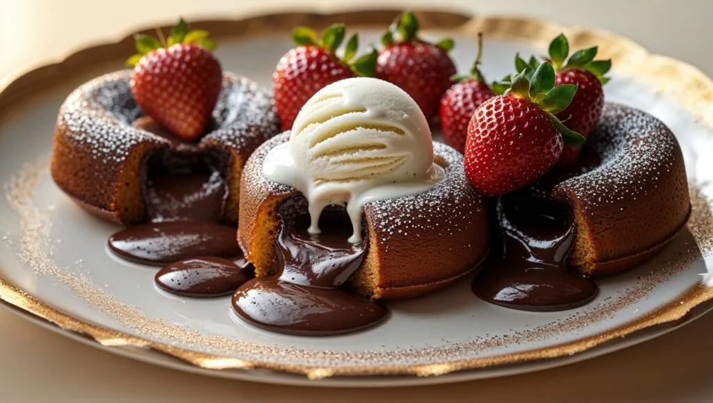 Molten chocolate lava cake with vanilla ice cream and strawberries for a romantic dessert.