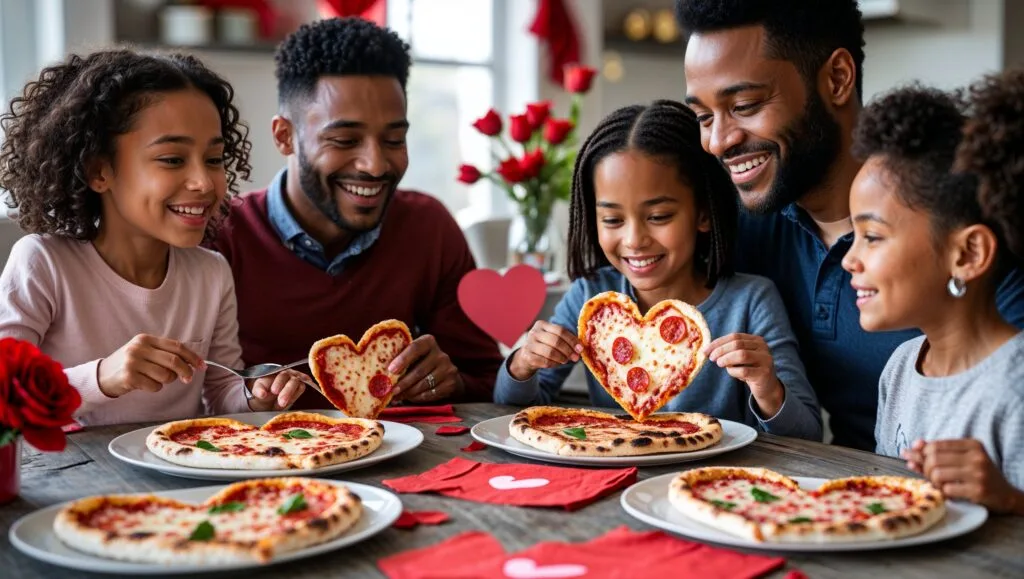 Family celebrating Valentine's Day with heart-shaped pizzas and festive dinner decorations.
