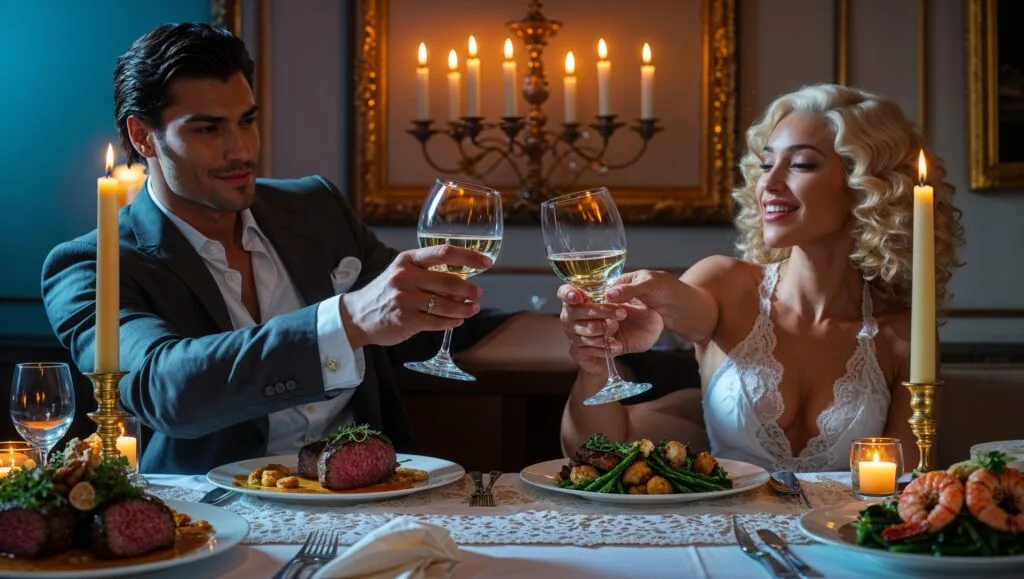 Romantic couple toasting wine at a candlelit Valentine's Day dinner table.