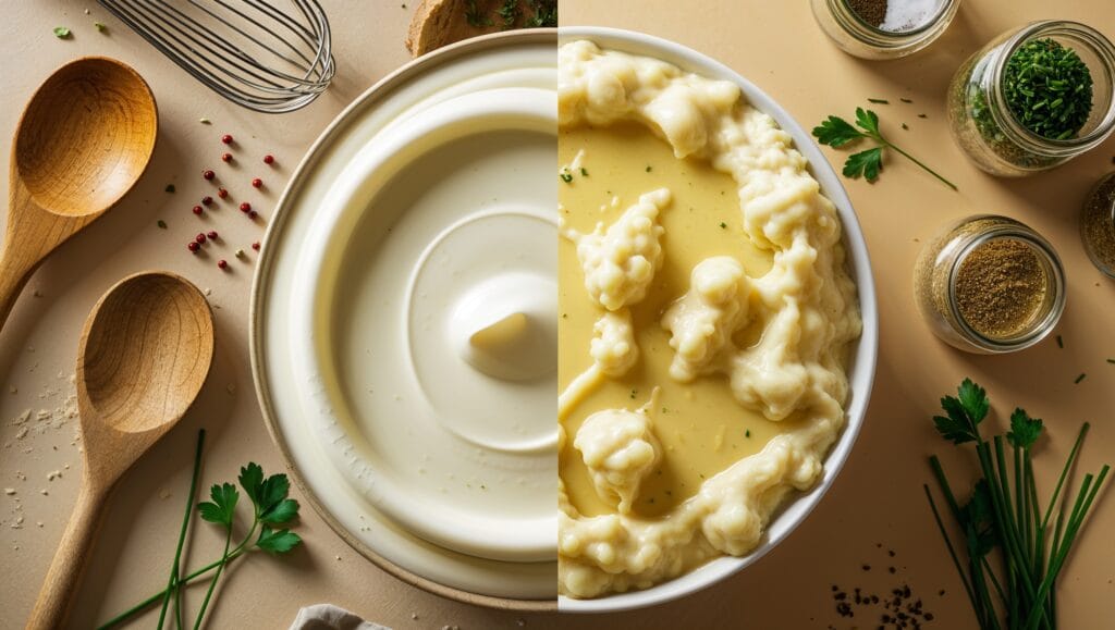 Comparison of a perfect creamy white sauce vs. a lumpy, overcooked sauce to highlight common cooking mistakes.