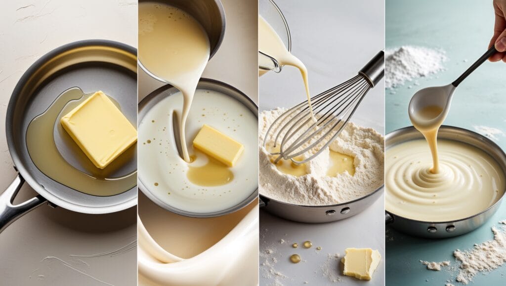 Step-by-step images demonstrating how to make a homemade white sauce, from butter melting to the final smooth texture.