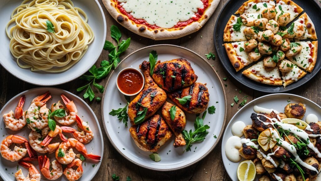 A variety of dishes made with white sauce, including pasta, pizza, BBQ chicken, seafood, and halal-style rice bowls.