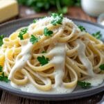 A delicious pasta dish covered in a smooth, homemade white sauce, garnished with fresh parsley and Parmesan cheese.