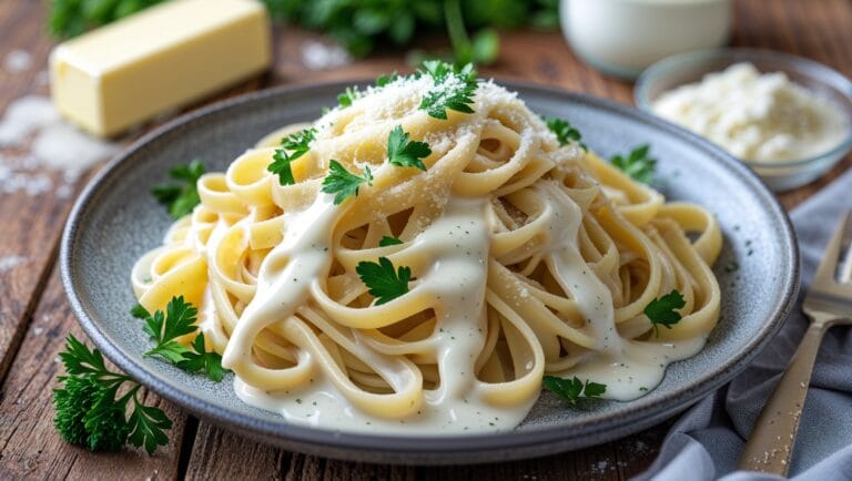 A delicious pasta dish covered in a smooth, homemade white sauce, garnished with fresh parsley and Parmesan cheese.
