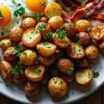 Crispy breakfast potatoes recipe served with eggs and bacon on a rustic plate.