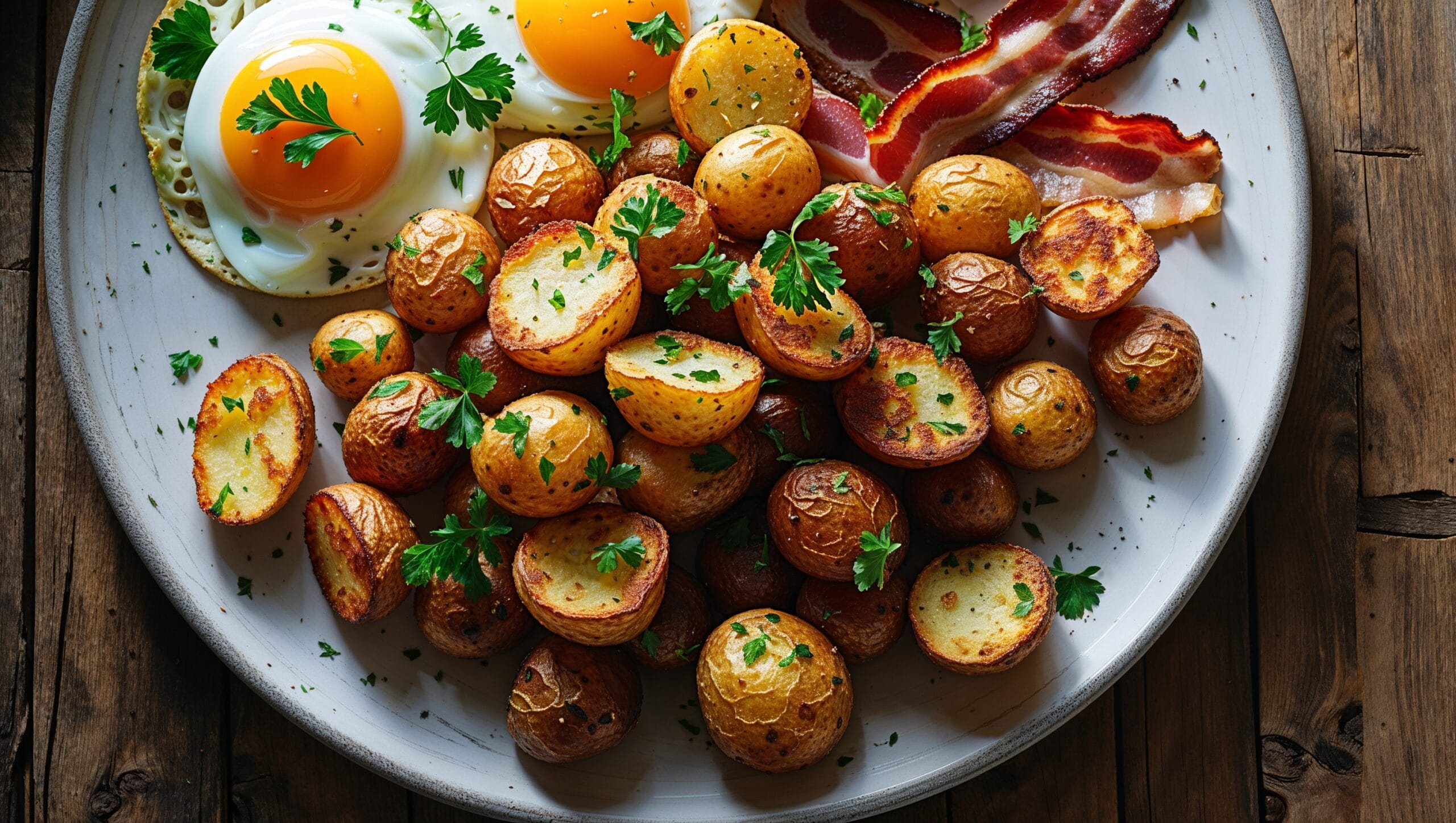 Crispy breakfast potatoes recipe served with eggs and bacon on a rustic plate.