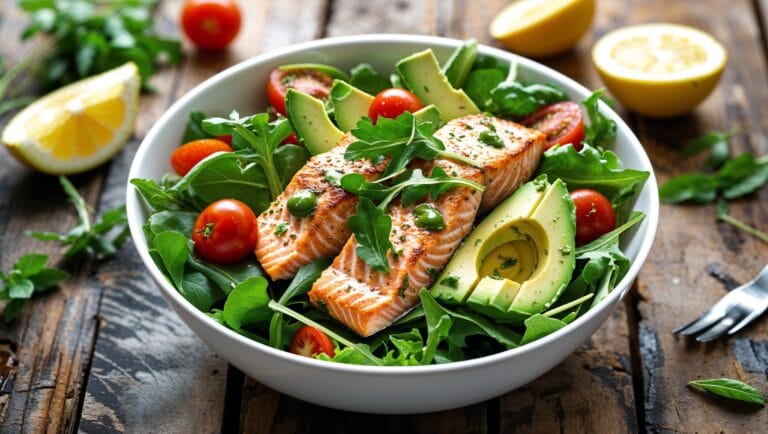 Delicious and healthy salmon salad recipe with fresh greens, cherry tomatoes, avocado, and grilled salmon.