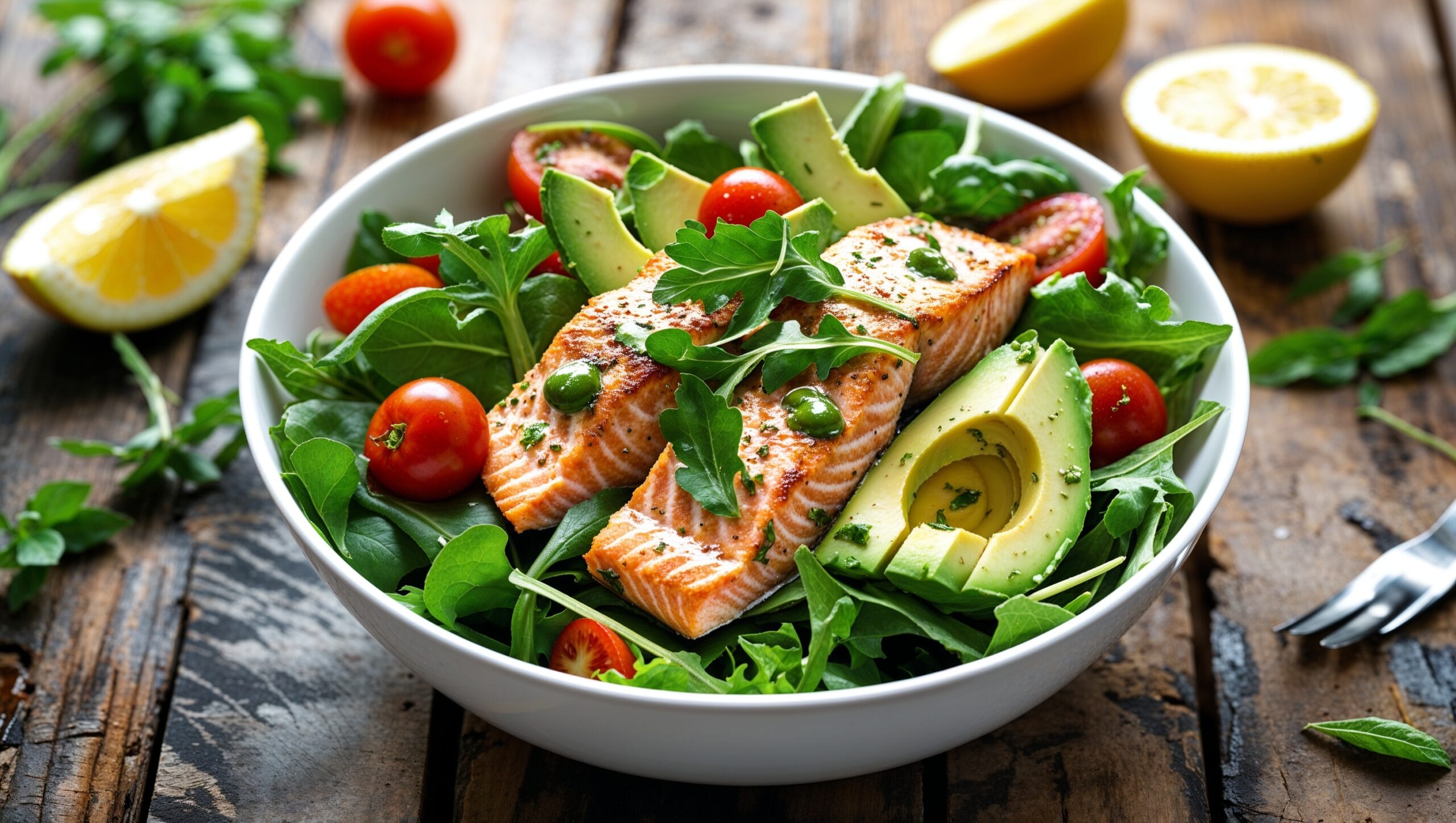 Delicious and healthy salmon salad recipe with fresh greens, cherry tomatoes, avocado, and grilled salmon.