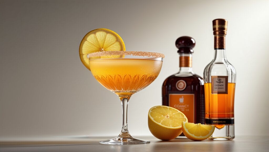 Sidecar cocktail in a coupe glass with fresh ingredients beside it.